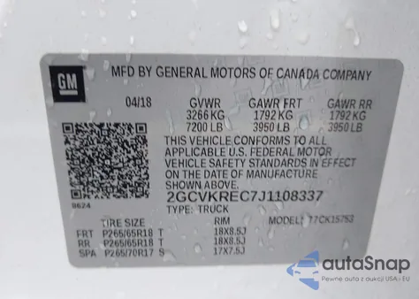 2018 Chevrolet Silverado 1500 2Lt z USA, uszkodzony, nr VIN 2GCVKREC7J1108337